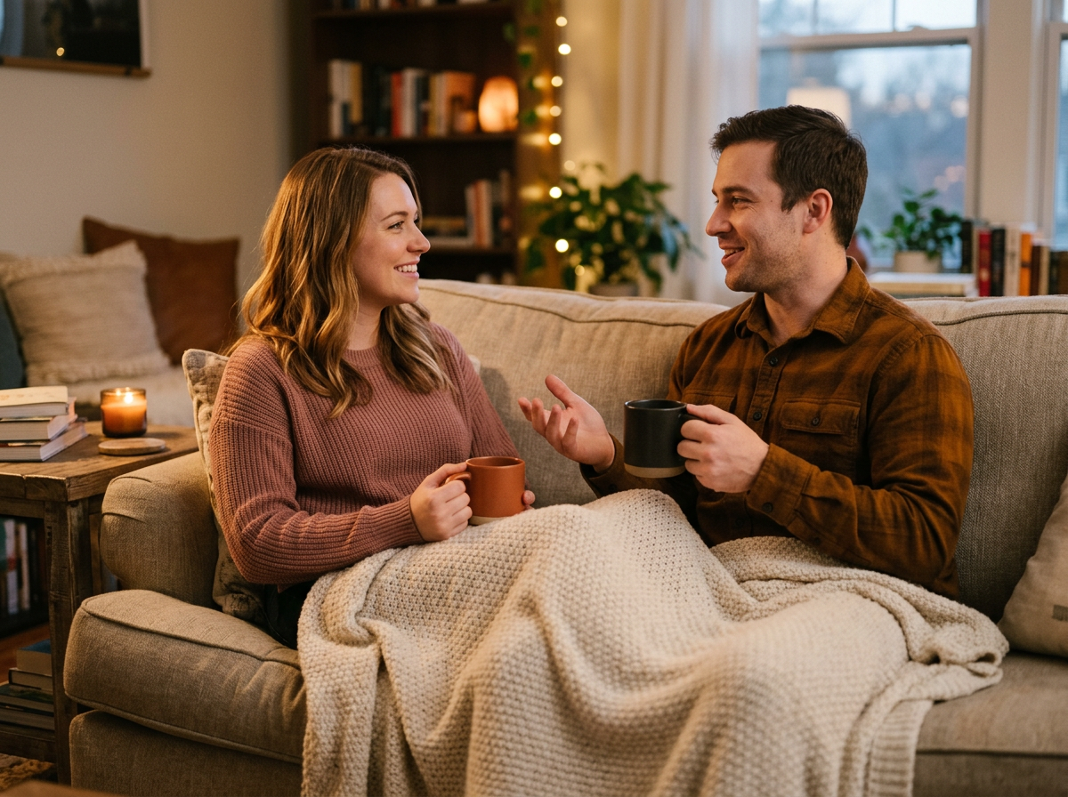 Couple on couch having a meaningful conversation