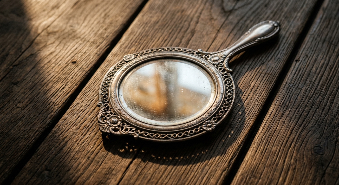 Aerial macro view of vintage mirror on wood floor — relational mirroring and self-perception