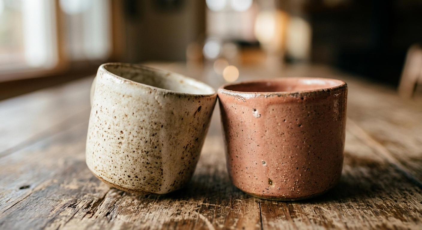 Two coffee mugs touching rims on wooden table, symbolizing intimate relationship communication