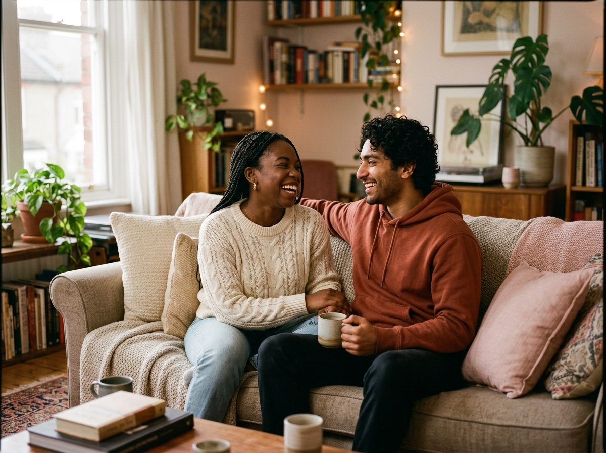 Couple having an intimate conversation at home, laughing and connecting